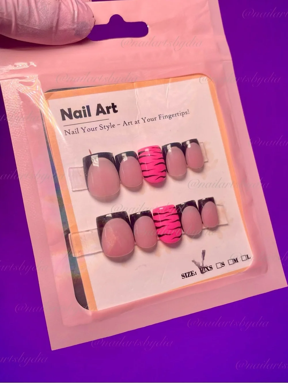 Pink & Black French Press-On Nails with Neon Pink Zebra Accent